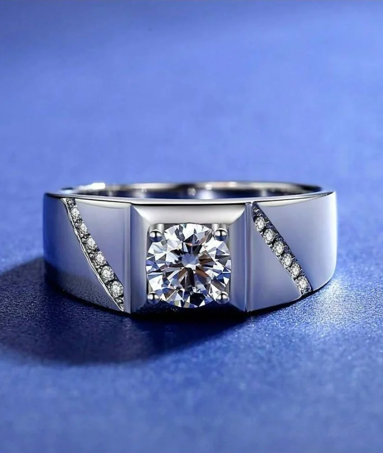 Mens white gold natural diamond ring