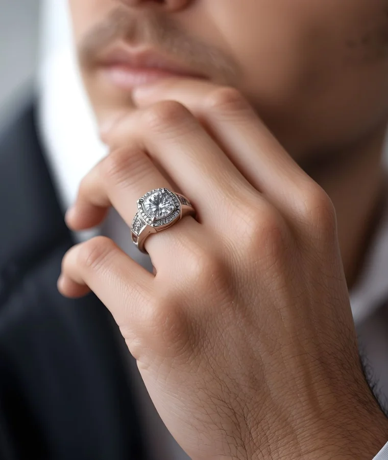 Mens white gold natural diamond ring