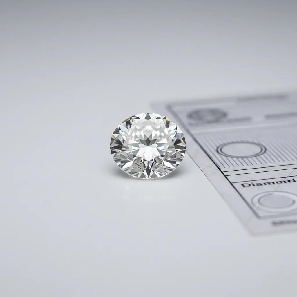 Lab grown diamond jewllery wholesaler under professional lighting Clean, white or grey background Certificate partially visible beside the diamond